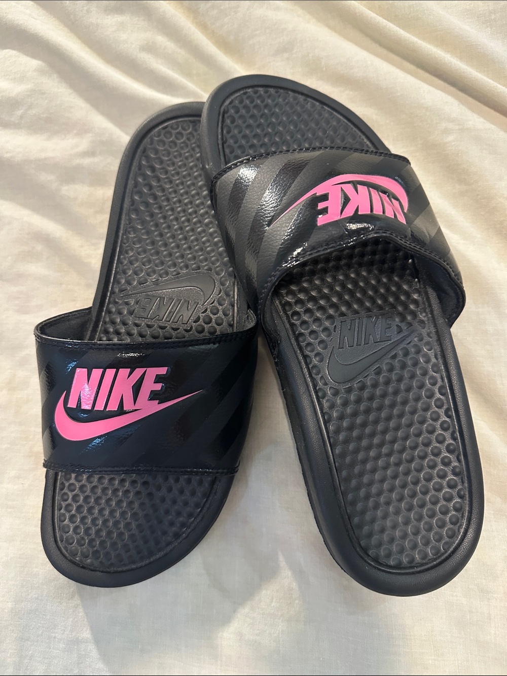 Nike Black Slide Sandals with Pink Swoosh Logo NWOT